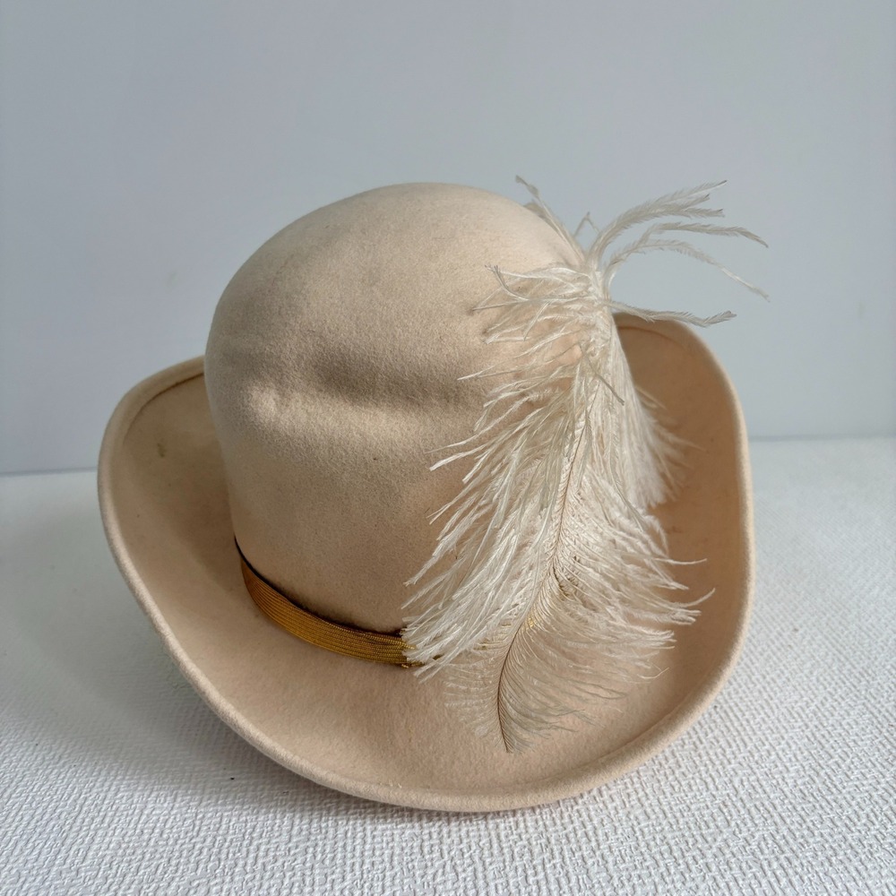 Mr. Charles Vintage Felt Hat Ostrich Feather Gold Band Beige Cream